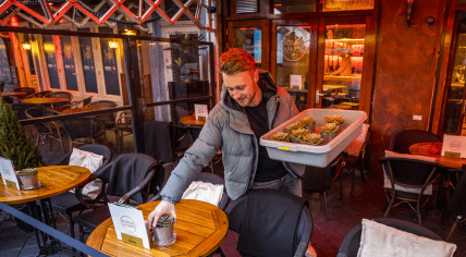 A Valkenburg restaurant owner sets up his terrace in protest against the coronavirus lockdown, 14 January 2021