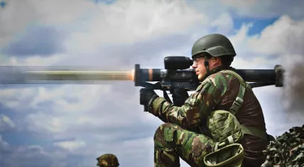 A Dutch soldier fires a Panzerfaust 3 anti-tank rocket. Undated.