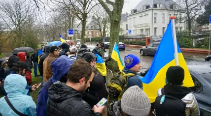 Demonstrators gather in front of the Russian embassy in The Hague to protest Russia's invasion of Ukraine on Feb. 24, 2022.