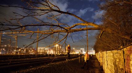 Crews examine a tree which landed on overhead power lines along the railroad after Storm Eunice. 19 Feb. 2022