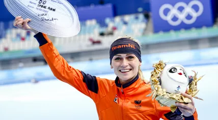 Speed skater Irene Schouten of TeamNL during the mass start ceremony at the 2022 Winter Olympics in Beijing, China.