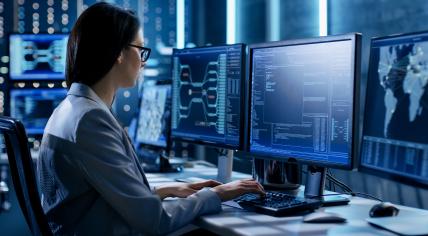 Woman works on computer 