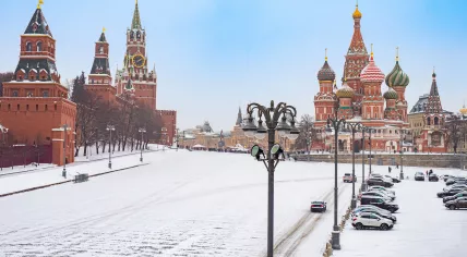 St. Basil's Cathedral in Moscow in the snow.