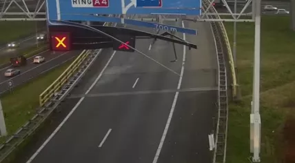 Road sign damaged by strong winds, 17 February 2022