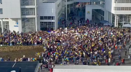 Protesters in The Hague demonstrate against Russia's invasion of Ukraine on Feb. 26, 2022.