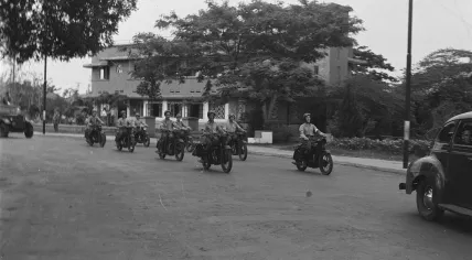 Soldiers in Batavia, Dutch East Indies (presently Jakarta), during a Sinterklaas event in December 1946