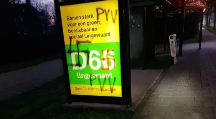 Swastikas and "PVV" spray-painted on a D66 poster in Bemmel, a Gelderland village that falls under Lingewaard, 16 March 2022