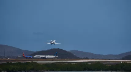 A private jet takes off from Queen Beatrix Airport in Aruba in 2019