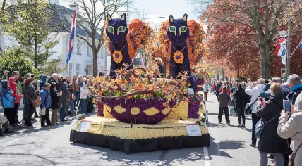 two cats made entirely from flowers at the parade