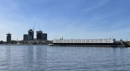 A ship used to house Ukrainian refugees docked near Javakade in Amsterdam. 10 April 2022