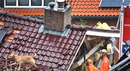 Dog and rescue workers searching for victims in the rubble of a collapsed house on Hoefsmid in Oldenzaal, 4 April 2022