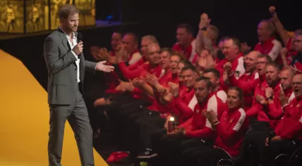 Prince Harry, Duke of Sussex, speaks during the opening ceremony of the Invictus Games venue in The Hague, Netherlands on April 16, 2022. 