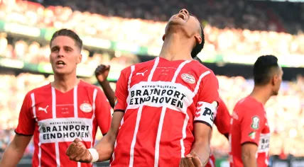 Cody Gakpo of PSV Eindhoven celebrates the team's second goal in the KNVB Cup final. PSV defeated Ajax 2-1 at De Kuip, 17 April 2022
