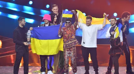 Kalush Orchestra from Ukraine celebrates after winning the 66th annual Eurovision Song Contest (ESC 2022) in Turin, Italy, May 15, 2022.