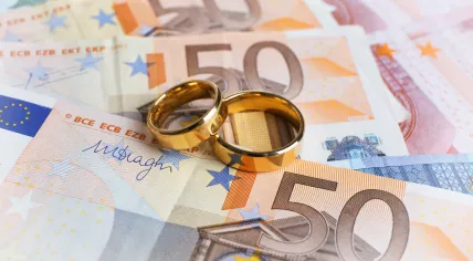 Golden wedding rings on banknotes.