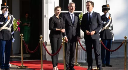 NATO Secretary General Jens Stoltenberg with Dutch Prime Minister Mark Rutte and Danish Prime Minister Mette Frederiksen in The Hague, 14 June 2022