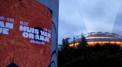 Signs promoting viewing parties at the Johan Cruijff ArenA for the Dutch football matches during the men’s World Cup. June 2022