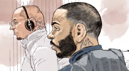 Courtroom sketch of Kamil E. and Delano G. (from left to right), suspected of murdering journalist Peter R. de Vries in Amsterdam. 7 June 2022