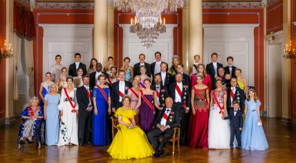 Royal family photo in a small ballroom at the castle at the celebration of Princess Ingrid Alexandra's 18th birthday and gala dinner at the castle. June 17, 2022.