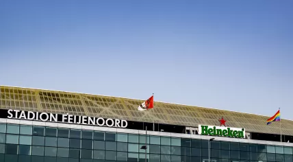 The rainbow flag flies on the Maasgebouw near the Feyenoord stadium as part of Pink Saturday. June 18, 2022.