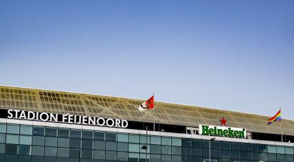 The rainbow flag flies on the Maasgebouw near the Feyenoord stadium as part of Pink Saturday. June 18, 2022.