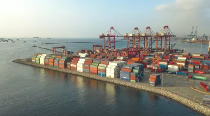 Dock and containers in the port of Callao in Peru. Oct. 13, 2019.