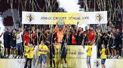 PSV celebrates their victory during the match for the Johan Cruijff schaal between Ajax Amsterdam and PSV Eindhoven