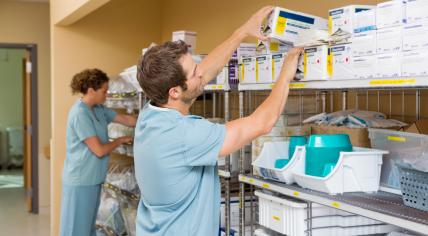 Nurses in a hospital storage room