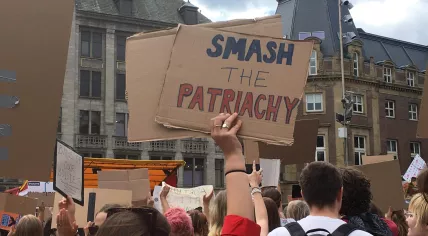 Signs at a protest for abortion rights at Dam Square in Amsterdam on July 2, 2022.