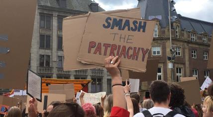 Signs at a protest for abortion rights at Dam Square in Amsterdam on July 2, 2022.