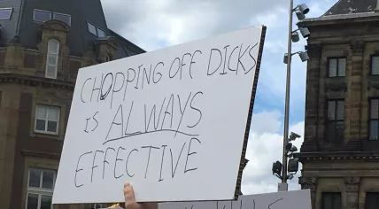 Signs at a protest for abortion rights at Dam Square in Amsterdam on July 2, 2022.