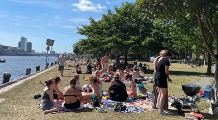 People enjoying a barbecue on Java-eiland in Amsterdam, 16 July 2022