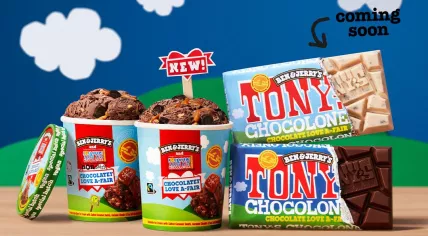Promotional image for a partnership between Tony’s Chocolonely and Ben & Jerry’s announced in August 2022