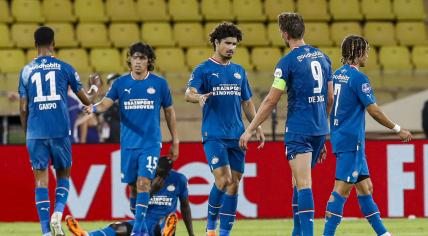 MONACO -  PSV players after the match during the UEFA Champions League third qualifying match between AS Monaco and PSV Eindhoven in Stade Louis II on 2 augustus 2022 in Monaco, Monaco.