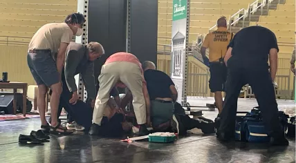 Author Salman Rushdie is tended to after he was attacked during a lecture in Chautauqua, NY. 12 Aug. 2022