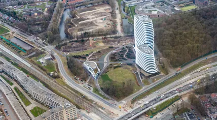 Aerial view of the DUO office and Belastingdienst branch in Groningen. 7 June 2019
