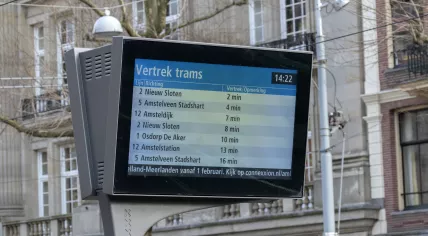 A timetable of departing trams in Amsterdam. 30 Jan. 2022