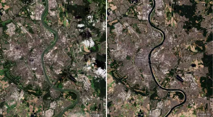 Satellite images of the Rhine River in August 2021 (L) and August 2022 near Cologne, Germany shows falling water levels due to "soaring temperatures and lack of rainfall"