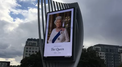 A memorial to Queen Elizabeth on a digital billboard along a London road. 9 Sept. 2022