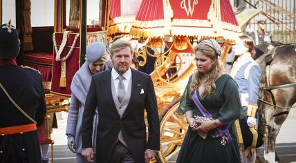 King Willem-Alexander prepares to enter the Koninklijke Schouwburg with Queen Maxima and Princess Amalia moments before delivering his annual address on the budget. 20 Sept. 2022