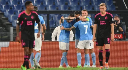 September 08, 2022 Rome, Italy - sport, soccer - Lazio vs Feyenoord - Europe League 2022/2023 - Olimpic Stadium. In the pic:Matias Vecino (SS Lazio) celebrates 