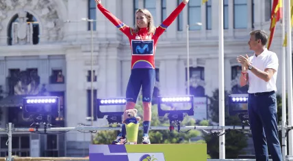 Dutch rider Annemiek Van Vleuten of Movistar team celebrating her overall win after the last stage of the Ceratizit Challenge by La Vuelta women's professional bicycle race, in Madrid, central Spain, 11 September 2022.