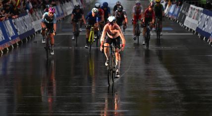 Annemiek van Vleuten of the Netherlands wins the gold medal in the Women's Elite Road Race during the Women's Elite Road Race of the 2022 UCI Road World Championships in Wollongong, Australia, on Sept. 24,2022.