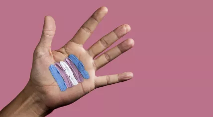Transgender flag painted on a hand