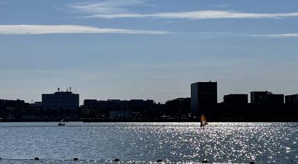 Windsurfers on the water off Strand IJburg in Amsterdam on 3 September 2022