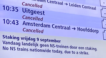 A display board at Amsterdam's Muiderpoort Station showing trains cancelled because of a strike. 9 Sept. 2022