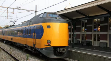 A train from the NS at the station in Hoorn, Noord-Holland. 15 Sept. 2014