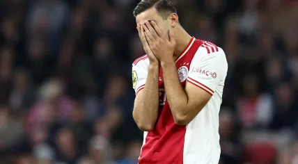 Lorenzo Lucca of Ajax reacts during the Dutch eredivisie match between Ajax Amsterdam and Go Ahead Eagles in the Johan Cruijff ArenA