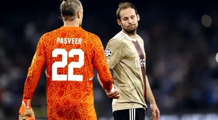 Ajax goalkeeper Remko Pasveer, Daley Blind of Ajax dissapointed after the final whistle of the UEFA Champions League groep A match between SSC Napoli and Ajax Amsterdam in Stadio Diego Armando Maradona on 12 october 2022 in Napels, Italy.