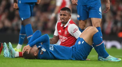 Joey Veerman (front) of Eindhoven and Gabriel Jesus of Arsenal react during the UEFA Europa League group A soccer match between Arsenal FC and PSV Eindhoven in London, Britain, 20 October 2022. 